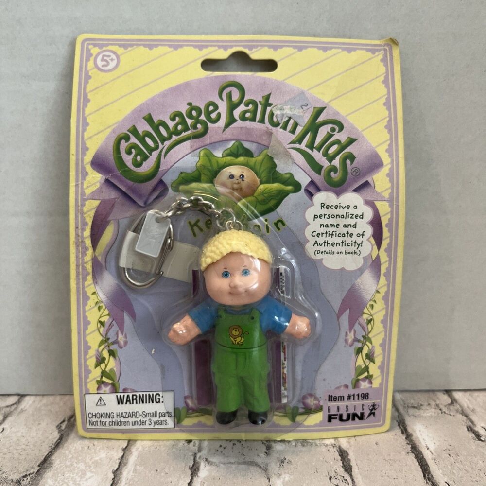 Vintage Cabbage Patch Kids Keychain Boy Green Overalls Blonde Hair #1198 NEW